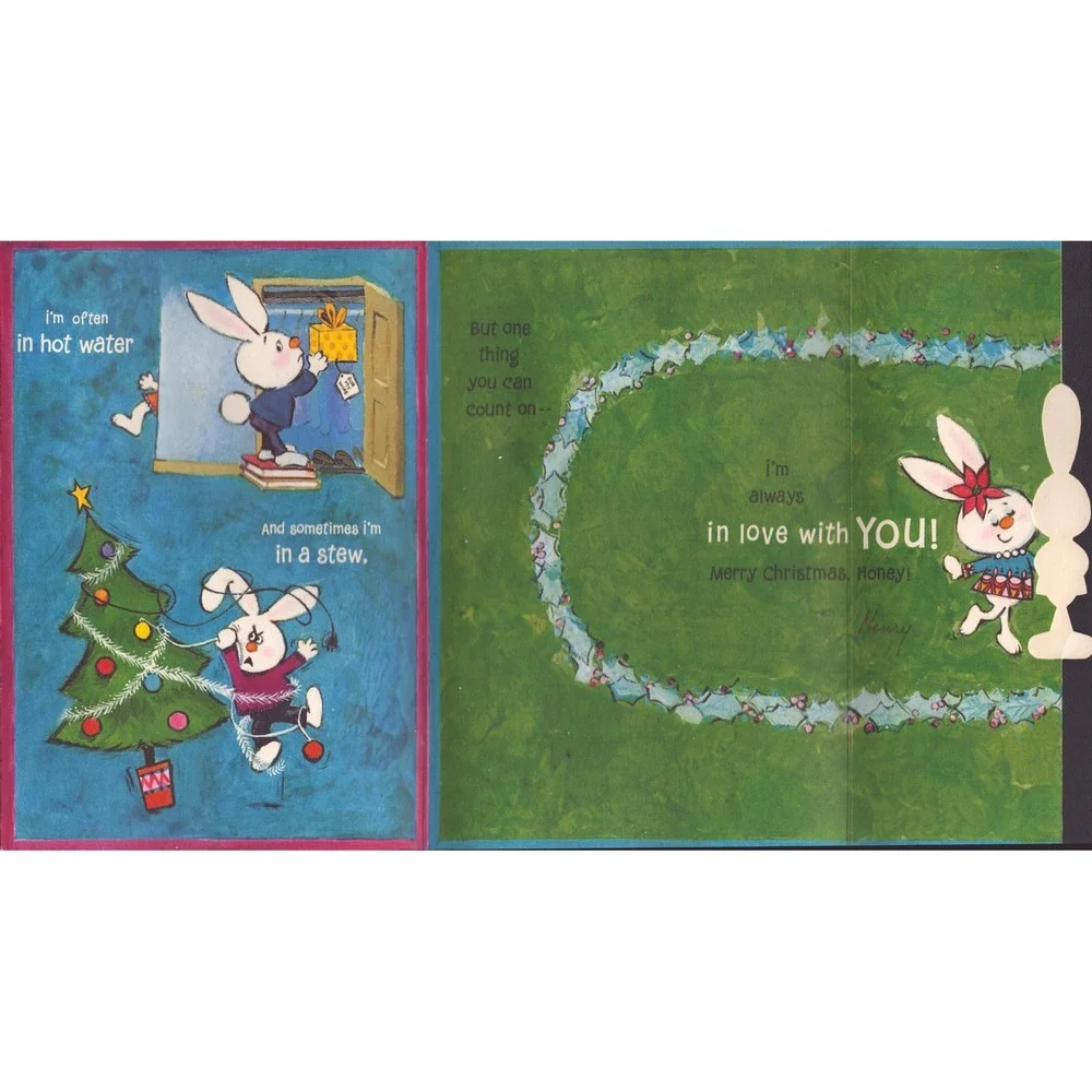 Vintage 1960s Christmas Greeting Card To My Wife Funny Bunny Rabbit Hallmark